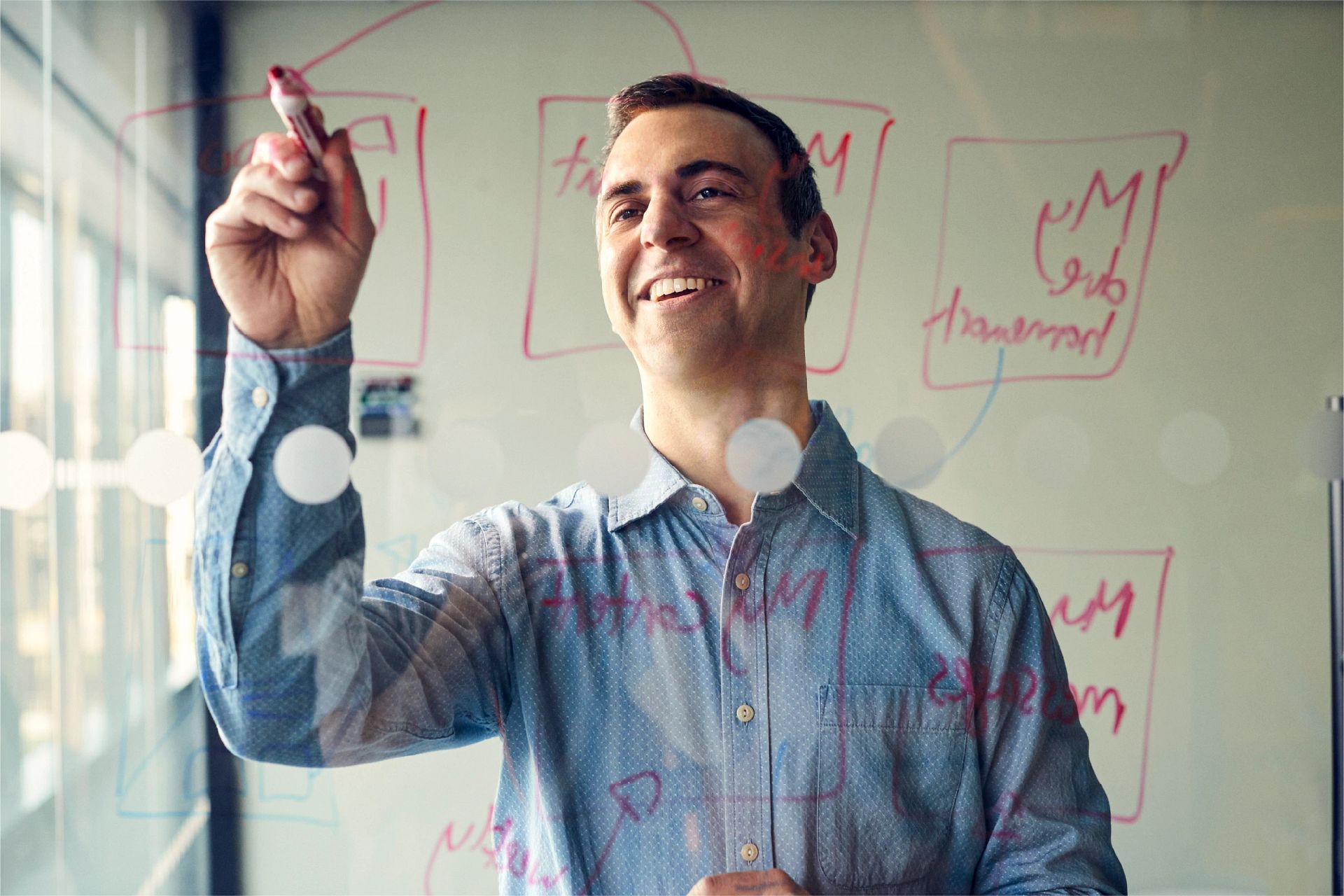 Employee Matt N., English Language Teaching, explores innovative approaches to education technology while writing on a whiteboard.