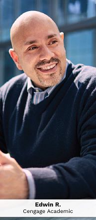 Employee Edwin R., Higher Education, sits outside Cengage's office, one of the largest education technology companies in the world.