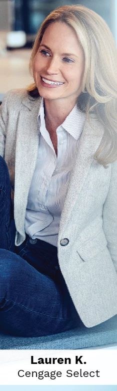 Employee Lauren K., Global Businesses, smiles in a modern office where she helps students around the world discover the power and joy of learning.